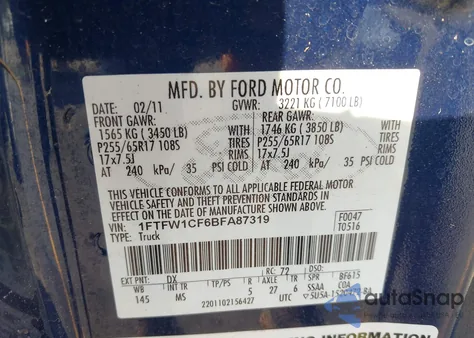2011 Ford F-150 Xlt from USA, damaged, VIN 1FTFW1CF6BFA87319